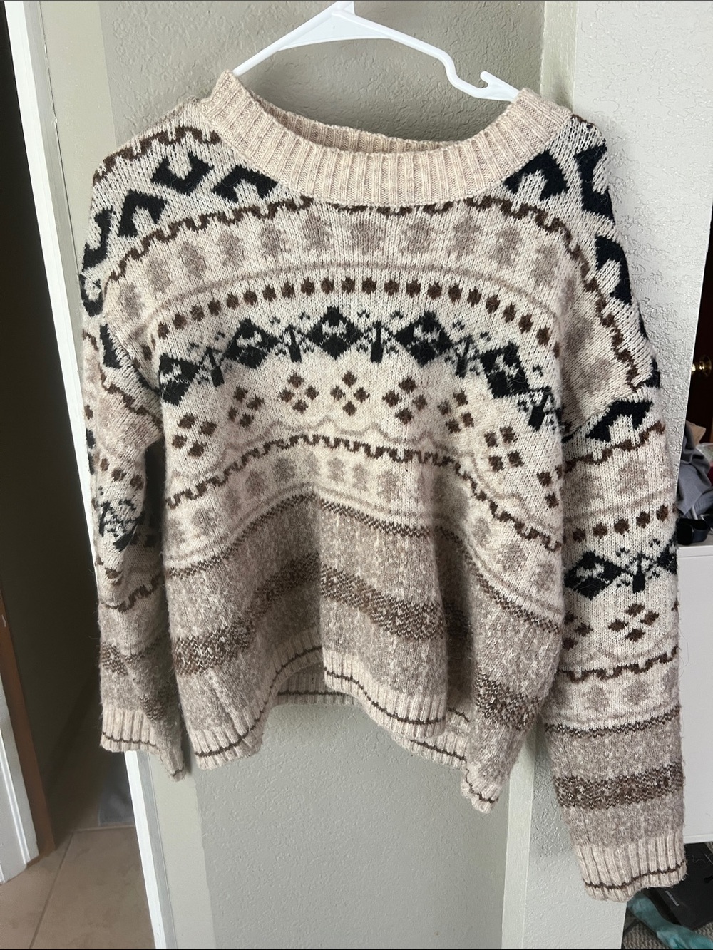 Lumiere Neutral Fair Isle Crewneck Sweater in Beige, Brown and Black